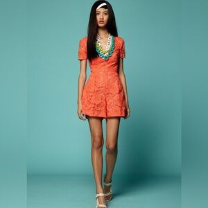 Trina Turk Womens Lace V-Neck Short Sleeve Orange Florencia Romper mini Size 12